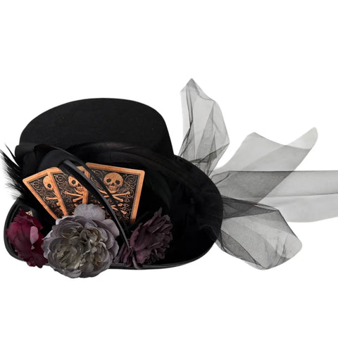 Victorian black top hat with rooster feathers, peonies, tulle bow, skull cards and red crystal brooch