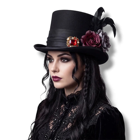 Victorian black top hat with rooster feathers, peonies, tulle bow, skull cards and red crystal brooch