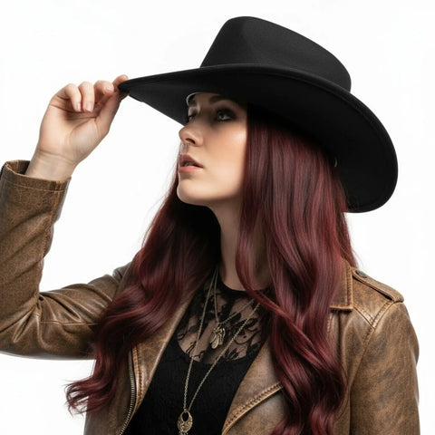 Black felt cowboy hat with tall pinched crown, wide curled brim and gold-tone chain hatband