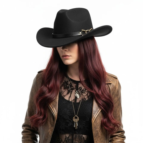 Black felt cowboy hat with tall pinched crown, wide curled brim and gold-tone chain hatband