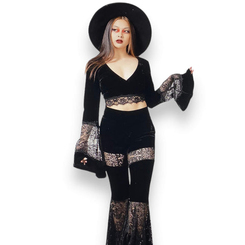 Black Long Bell Sleeve Lace Top - Wild Time Fashion