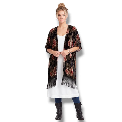Black Velvet Red Floral Open Front Layered Jacket with tassel fringe trim front boho