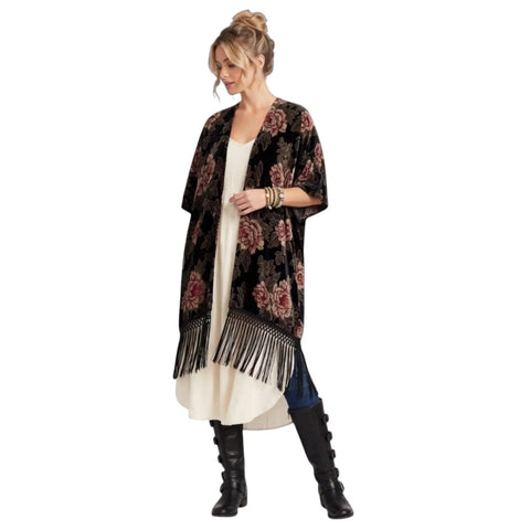 Black Velvet Red Floral Open Front Layered Jacket with tassel fringe trim boho western chic