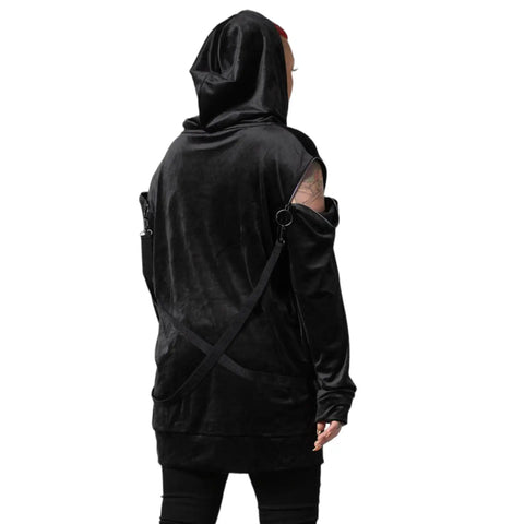 Black Velvet Shoulder Zip Harness Oversized Hoodie by Killstar with O-ring shoulder zippers and removable harness straps back view
