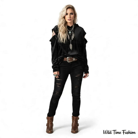 Black Velvet Shoulder Zip Harness Oversized Hoodie by Killstar with O-ring shoulder zippers and removable harness straps hoodie down