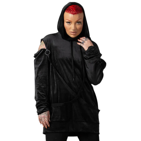 Black Velvet Shoulder Zip Harness Oversized Hoodie by Killstar with O-ring shoulder zippers and removable harness straps cloak