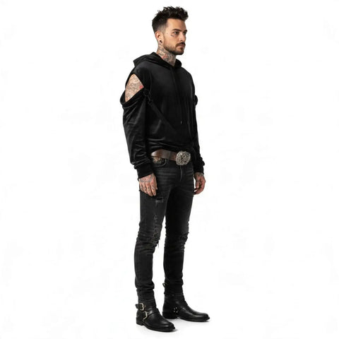 Black Velvet Shoulder Zip Harness Oversized Hoodie by Killstar with O-ring shoulder zippers and removable straps men wearing 