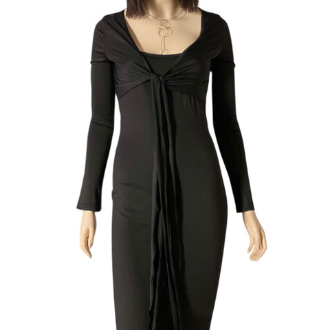 Long Sleeve Cropped Waist Wrap Top with tie front bolero shrug fit in cream or black with semi-sheer stretch fabric and V neckline