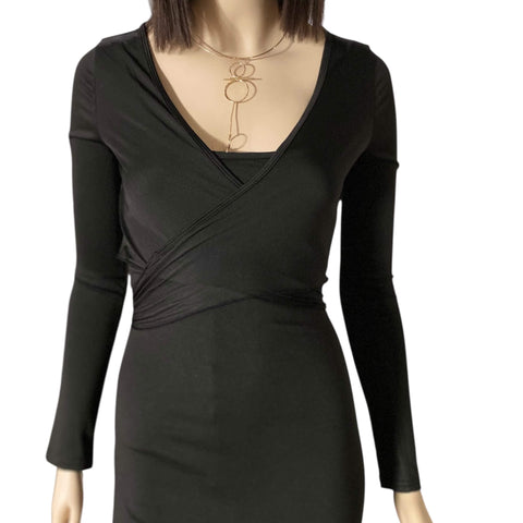 Long Sleeve Cropped Waist Wrap Top with tie front bolero shrug fit in cream or black with semi-sheer stretch fabric and V neckline