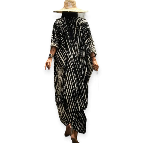 Boho tie dye cotton long kimono cover up with sash tie waist, black and white colorway, resort wear layer