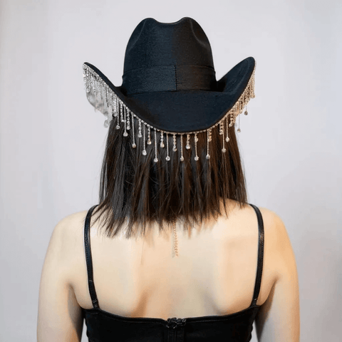 black rhinestone tassel cowboy hat women wearing back view