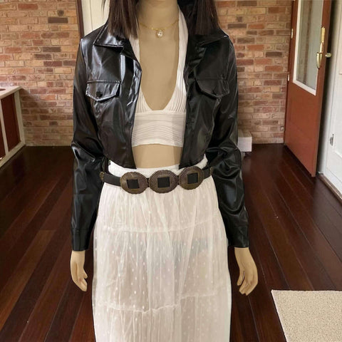 Black PU Button Cropped Jacket