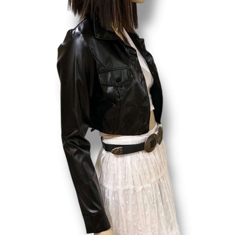 Black PU Button Cropped Jacket