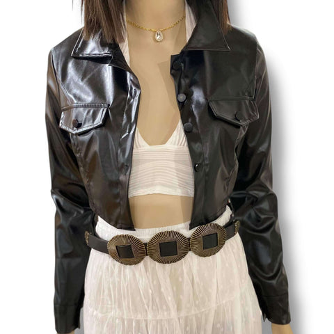 Black PU Button Cropped Jacket