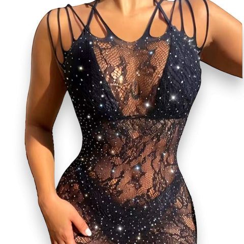 Black Mesh Sheer Slashed Sleeveless Mini Dress