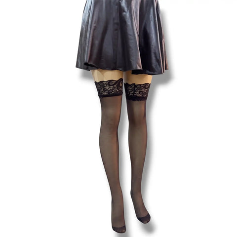 Black Sheer Thigh-High Stockings with Elegant Lace Top and translucent 20D black finish