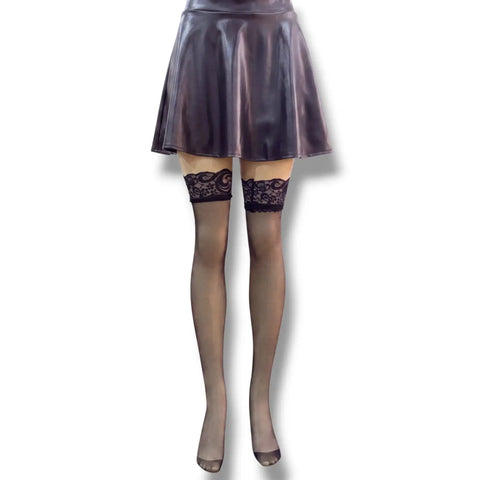 Black Sheer Thigh-High Stockings with Elegant Lace Top and translucent 20D black finish