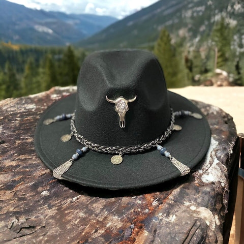 Black Fedora with Silver Cow Skull and Braided Tassels Accents - Wild Time Fashion