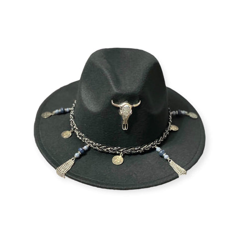 Black Fedora with Silver Cow Skull and Braided Tassels Accents - Wild Time Fashion