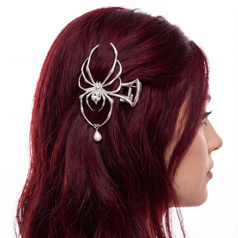 Silver spider hair claw clip with rhinestone body, elongated legs and dangling faux pearl accents