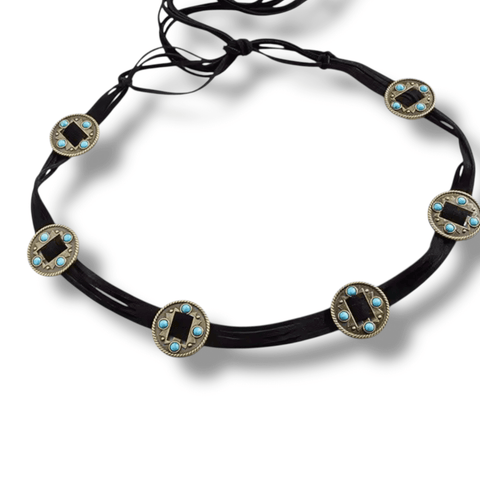 Round Medallion Braided Tassel Belt boho western adjustable black silver turquoise aztec fringe belt