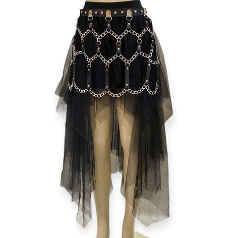 Black Leather Long Chain Draped Belt with upside-down heart buckle, crystals, and silver o-ring chain details festival waist belt