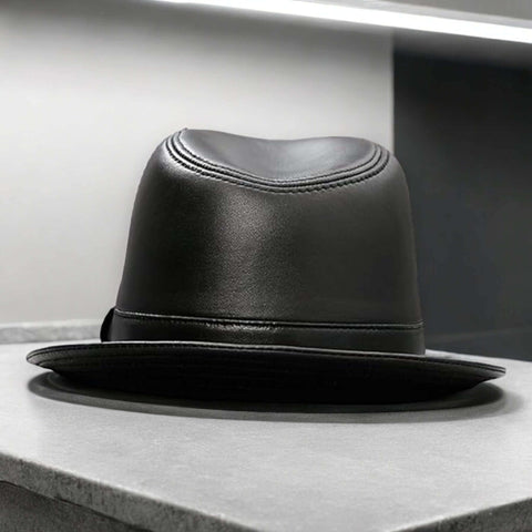 Retro Leather Trilby Fedora Hat black rolled brim back view