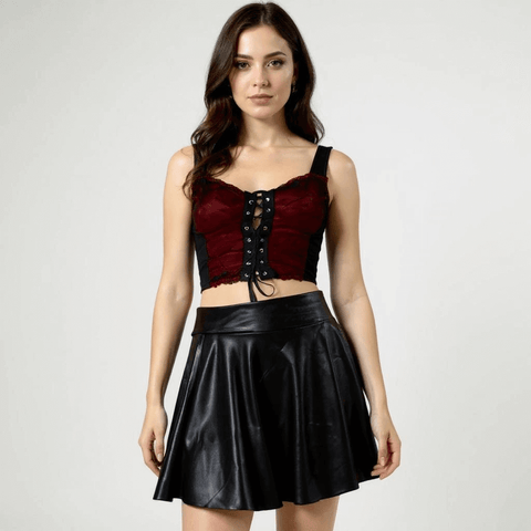Black High Waist Wavy Mini Skirt A-line wet-look faux leather and elastic waistband – edgy concerts, festivals, rave, or clubwear
