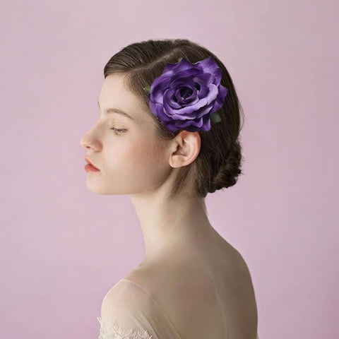 Festival blooming floral rose hair clips with 3D velour rose flower and dual hair clip plus brooch pin in multiple colors, silver hardware, USA made one size