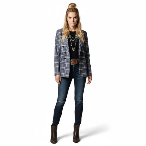 Heartloom navy blue checkered double-breasted blazer with notch lapels and multicolor plaid pattern