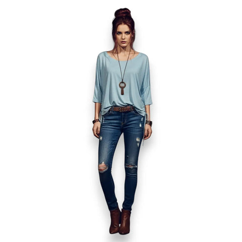 Blue wide boxy top with scoop neckline, dolman sleeves and adjustable lace-up side panels