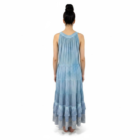 back view modeled white background Blue Sleeveless Tiered A-Line Maxi Dress with floral rosettes, crochet lace hem, and boho style / women's / large