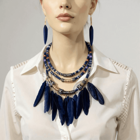 Wild West tribal necklace and earrings set in blue feathers