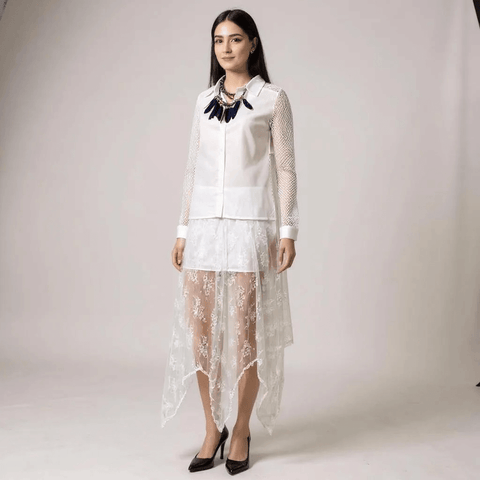 White Lace Sheer Uneven Midi Skirt floral lace overlay, asymmetrical hem, and elastic waistband – boho, Y2K, and festival outfit essential.