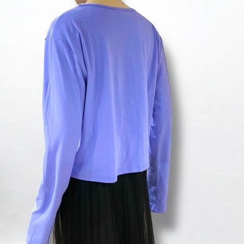back view of blue long sleeve scoop neck tee for curvy women