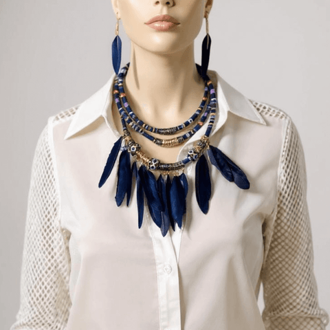 Wild West tribal necklace and earrings set in blue feathers