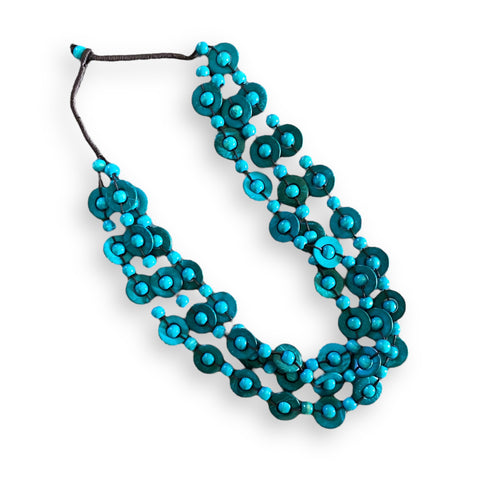 blue multi strand wood statement necklace with turquoise round and disc beads boho western layered statement jewelry