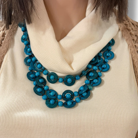 blue multi strand wood statement necklace with turquoise round and disc beads boho western layered statement jewelry