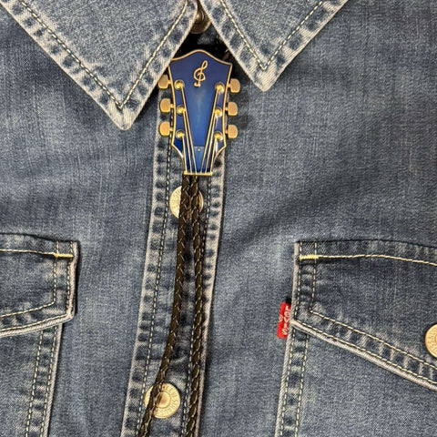 Country Music Guitar Leather Bolo necktie with adjustable slider and braided faux leather rope in black silver, red gold, or blue gold