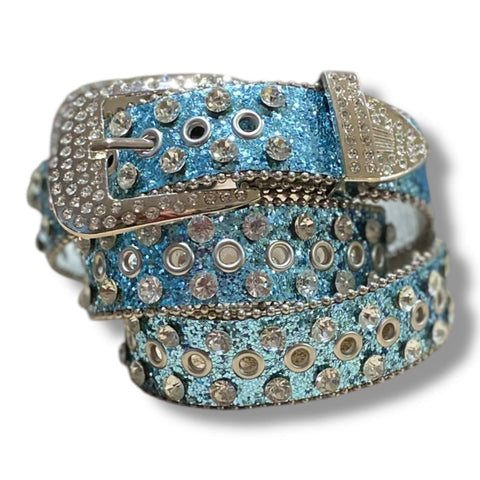 Glam Silver Studs Rhinestone Belt Blue rhinestone belt with oversized silver buckle and tip