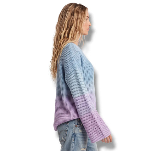 Blue teal and purple dip dye sweater with waffle-knit texture, round neck and long flared bell sleeves
