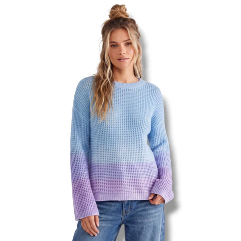 Blue teal and purple dip dye sweater with waffle-knit texture, round neck and long flared bell sleeves