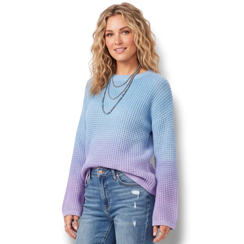 Blue teal and purple dip dye sweater with waffle-knit texture, round neck and long flared bell sleeves