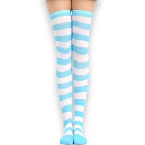 Women's Blue and White Striped Over Knee Anime Stocking Socks - One Size- Wild Time Fashion