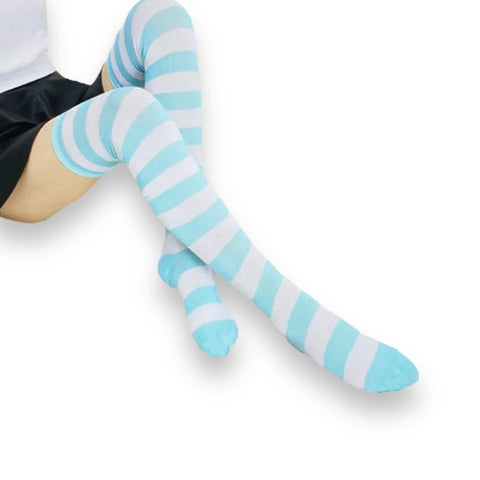 Women's Blue and White Striped Over Knee Anime Stocking Socks - One Size- Wild Time Fashion