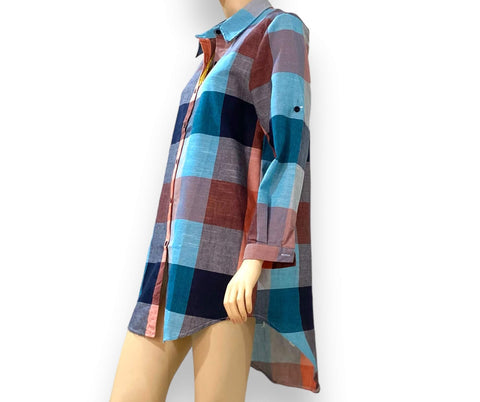 Blue Plaid Cotton Button Down Shirt Dress