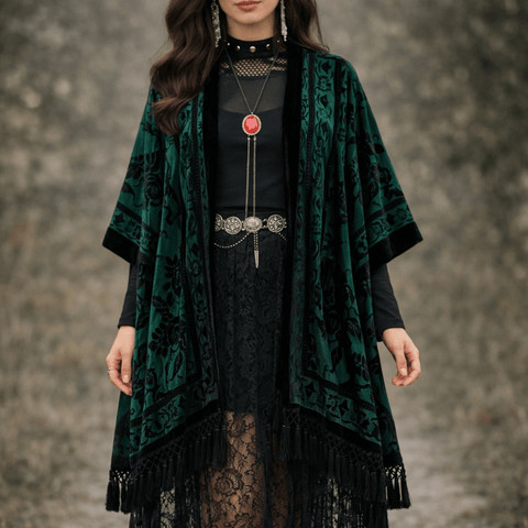 Fringe floral velvet kimono jacket with semi-sheer burnout floral velvet, open front, oversized sleeves, and long tassel fringe in multiple color options burgundy red