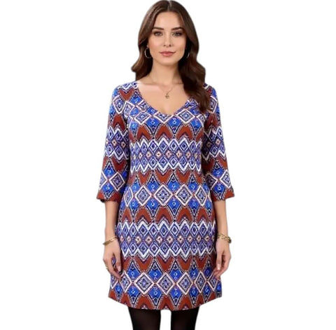v neck colorful geo above knee dress with multicolor chevron print and 3/4 button tab sleeves made in usa