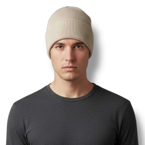 Solid color ribbed fisherman beanie skull cap in soft acrylic shown cuffed and slouchy styles beige casual men's vibe