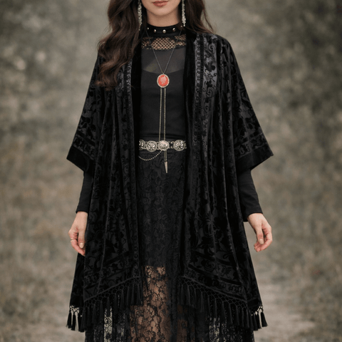 Fringe floral velvet kimono jacket with semi-sheer burnout floral velvet, open front, oversized sleeves, and long tassel fringe in multiple color options burgundy red